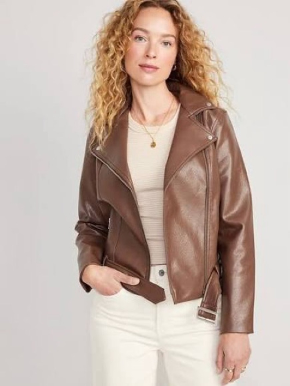 Old Navy Brown Faux Leather Moto Jacket with Belt